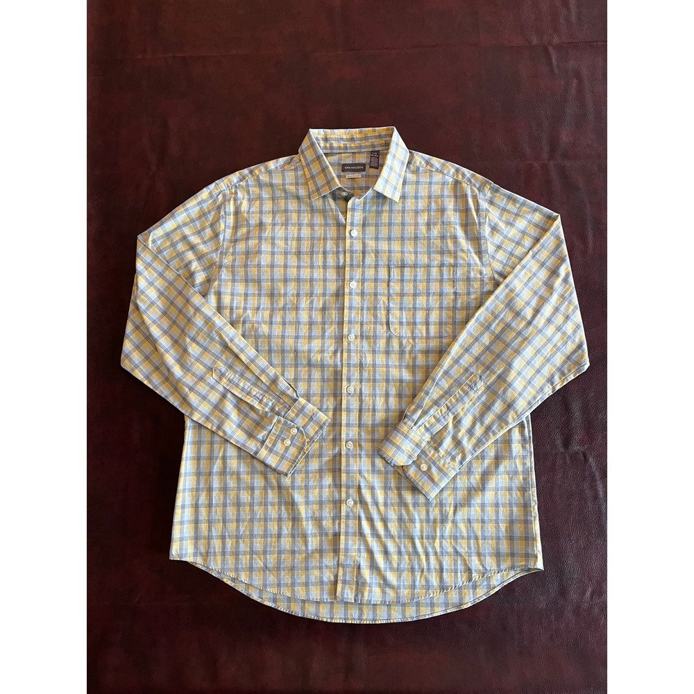 Van Heusen Mens Classic Fit Plaid Button Down Shirt Yellow Blue Grey L 16-16.5